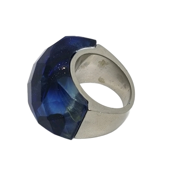 BLUE SHIMMERY SWIRL MURANO GLASS & STAINLESS STEEL FASHION RING - Picture 5 of 6